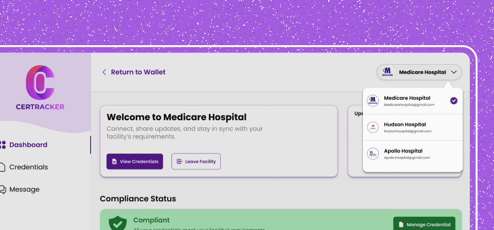 CerTracker dashboard showing nurse credential wallet synced across multiple hospitals, enabling seamless transitions.