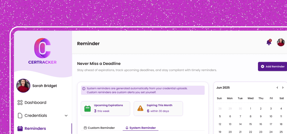 CerTracker compliance dashboard with Magic Upload OCR for nurse license tracking and automated renewal reminders at 90, 60, 30, and 14 days.