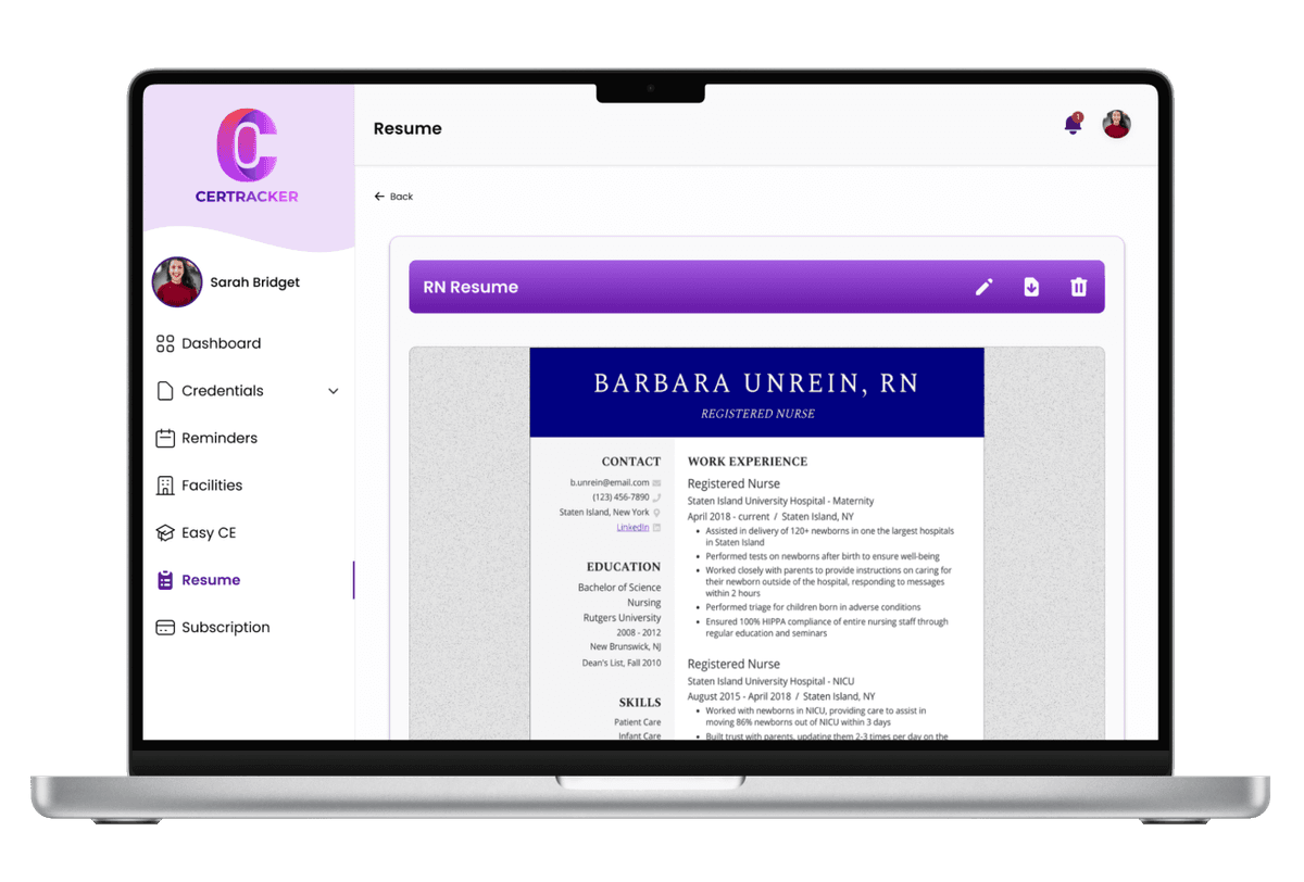 Certracker resume generator preview