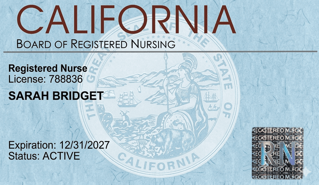 California nursing license card example