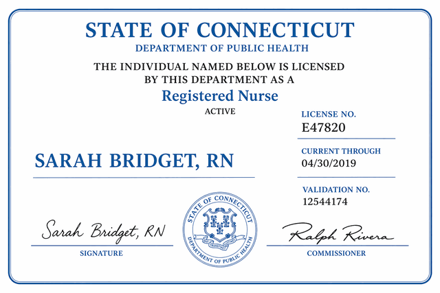 Connecticut nursing license card example