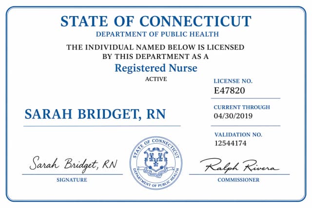 Connecticut nursing license card example