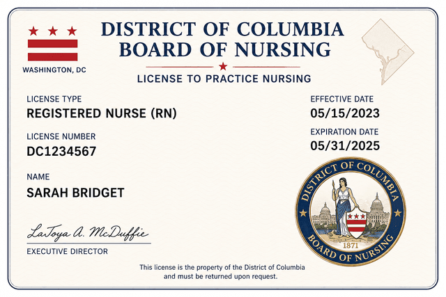 Washington, D.C. nursing license card example