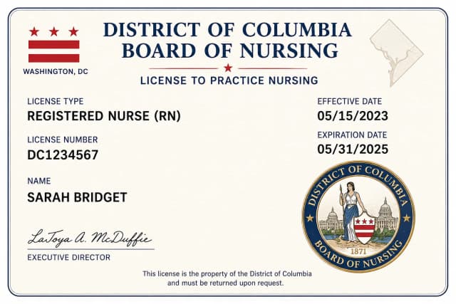 Washington, D.C. nursing license card example