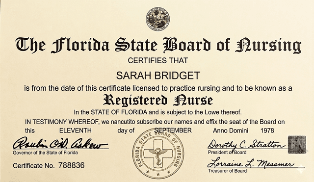 Florida nursing license card example
