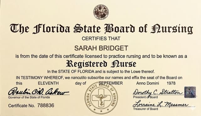 Florida nursing license card example
