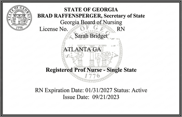 Georgia nursing license card example