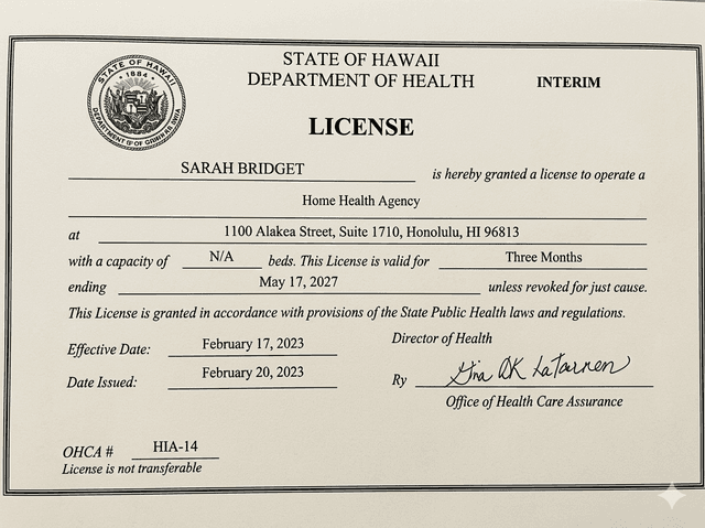 Hawaii nursing license card example