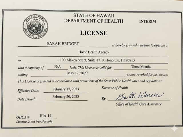 Hawaii nursing license card example
