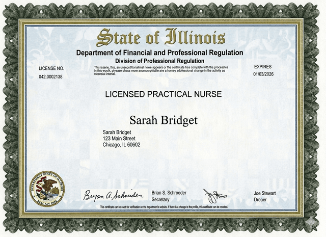 Illinois nursing license card example