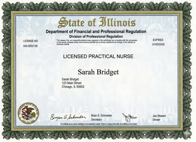 Illinois nursing license card example