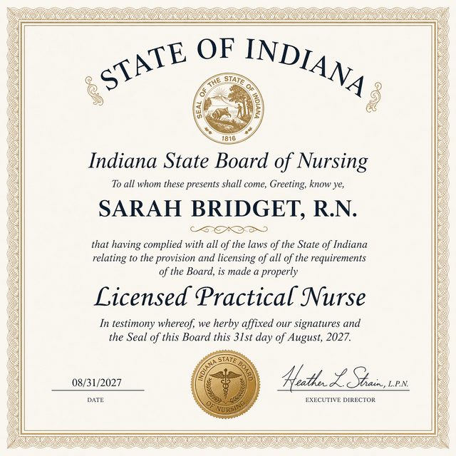 Indiana nursing license card example
