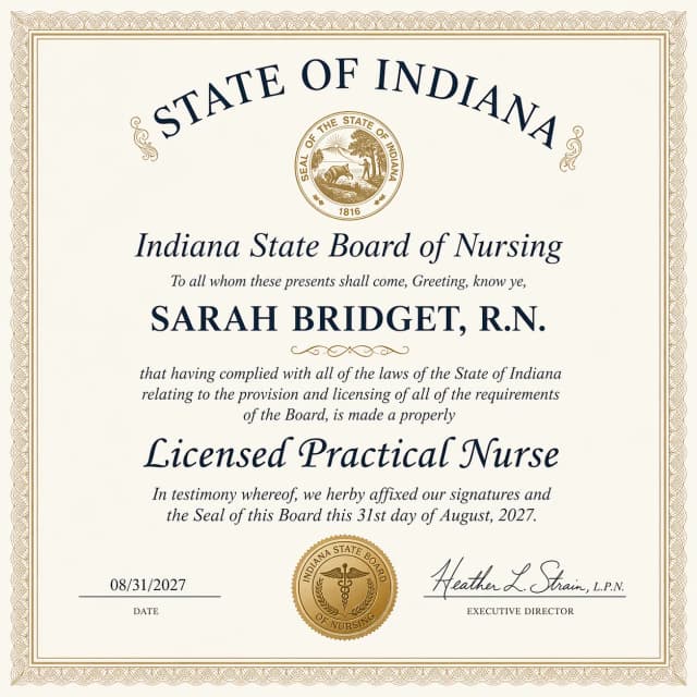 Indiana nursing license card example