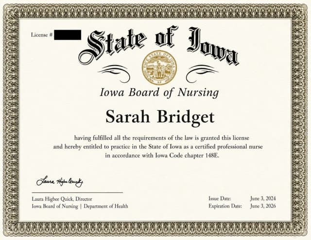 Iowa nursing license card example