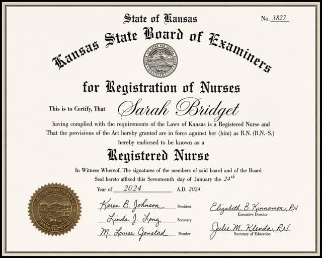 Kansas nursing license card example