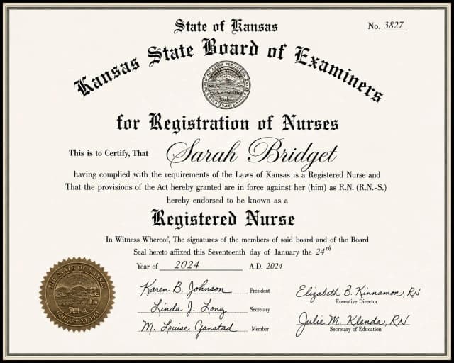 Kansas nursing license card example