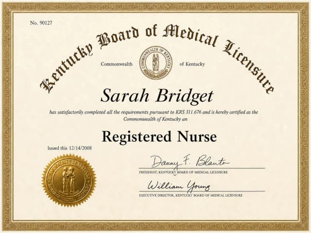 Kentucky nursing license card example