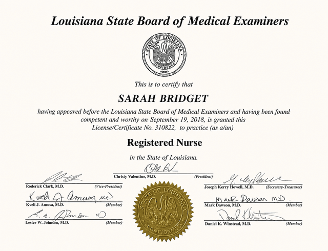 Louisiana nursing license card example