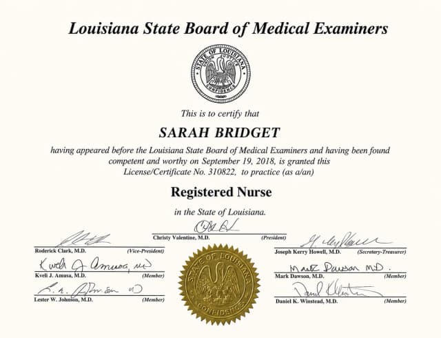 Louisiana nursing license card example