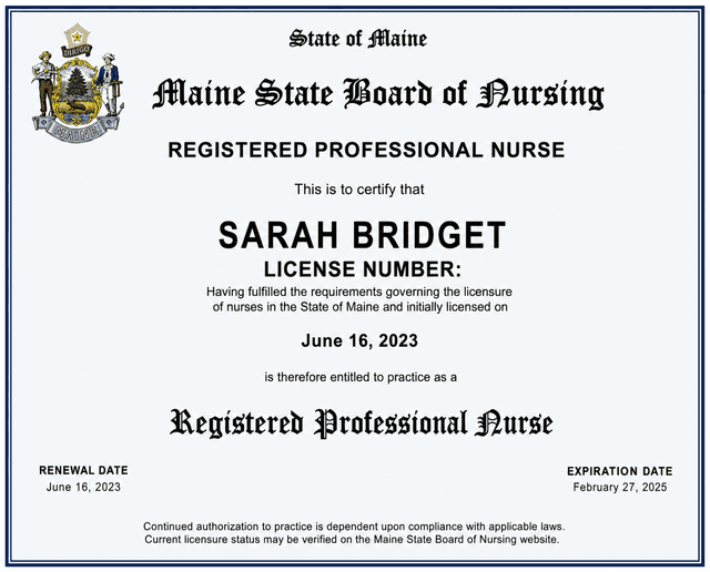 Maine nursing license card example
