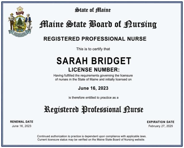 Maine nursing license card example