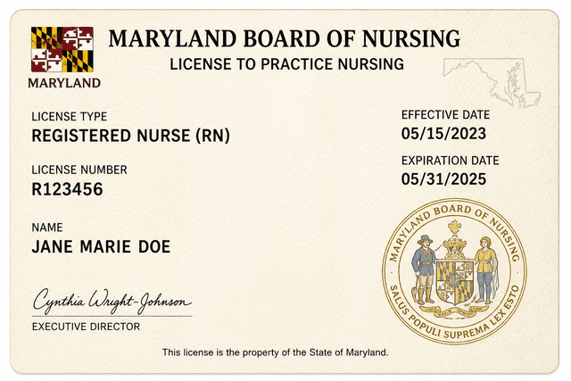 Maryland nursing license card example