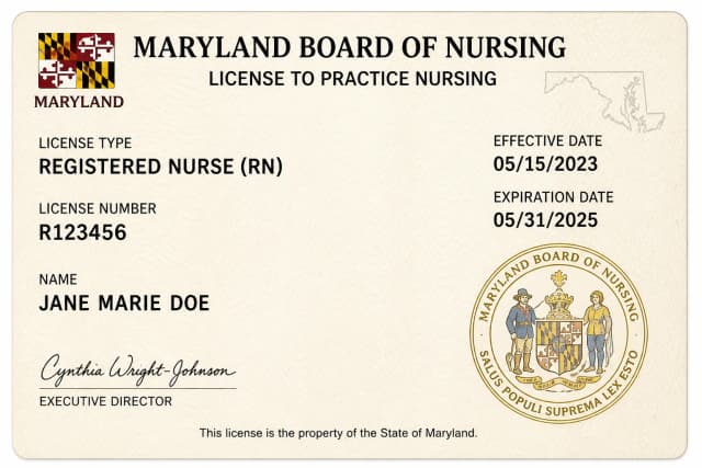Maryland nursing license card example