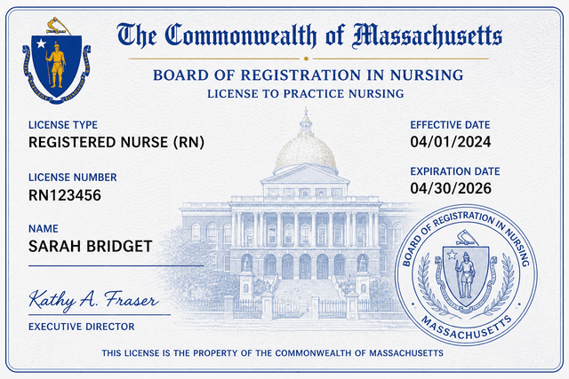 Massachusetts nursing license card example