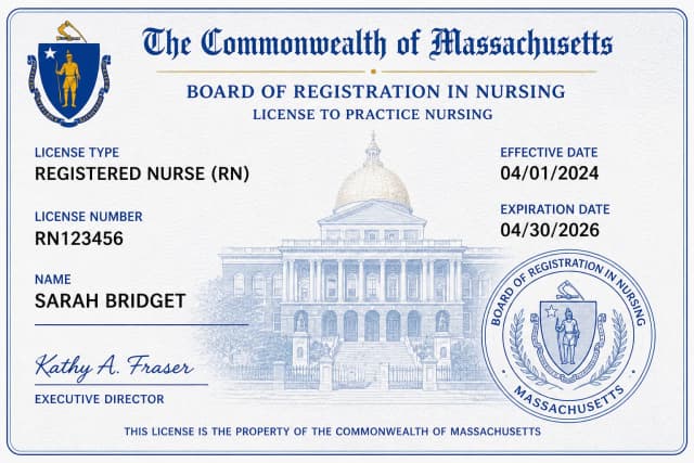 Massachusetts nursing license card example