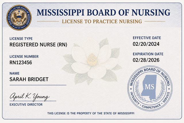 Mississippi nursing license card example