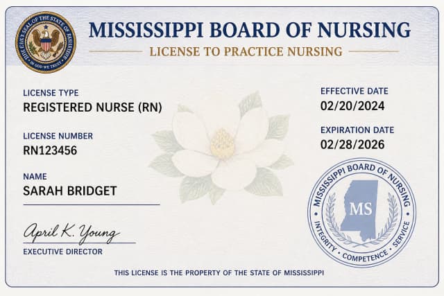 Mississippi nursing license card example