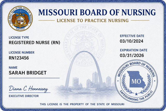 Missouri nursing license card example