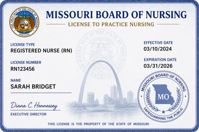 Missouri nursing license card example