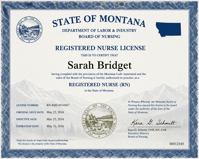 Montana nursing license card example