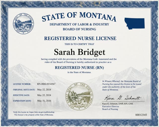 Montana nursing license card example