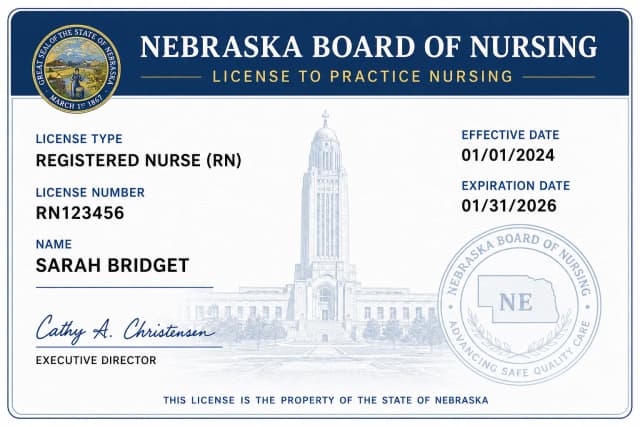 Nebraska nursing license card example