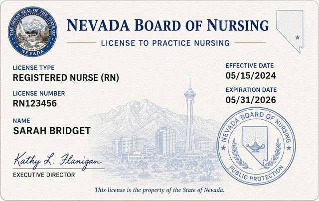 Nevada nursing license card example