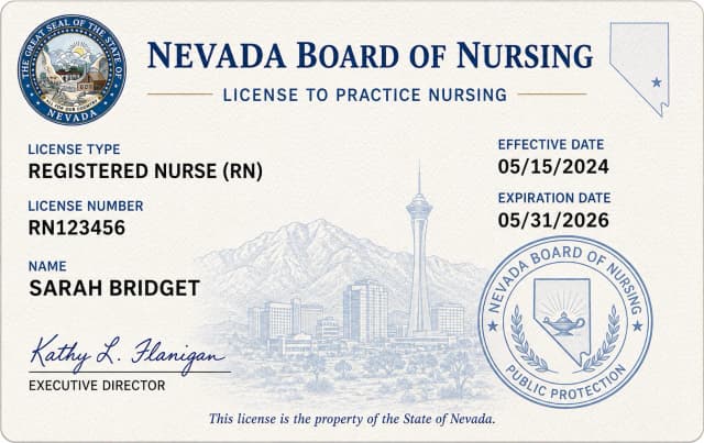 Nevada nursing license card example