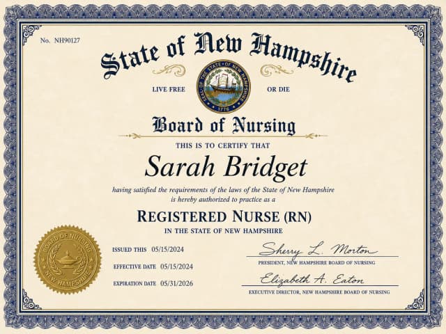 New Hampshire nursing license card example