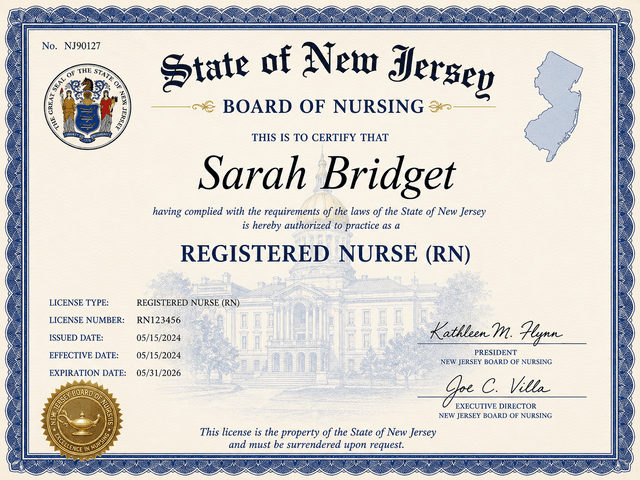 New Jersey nursing license card example