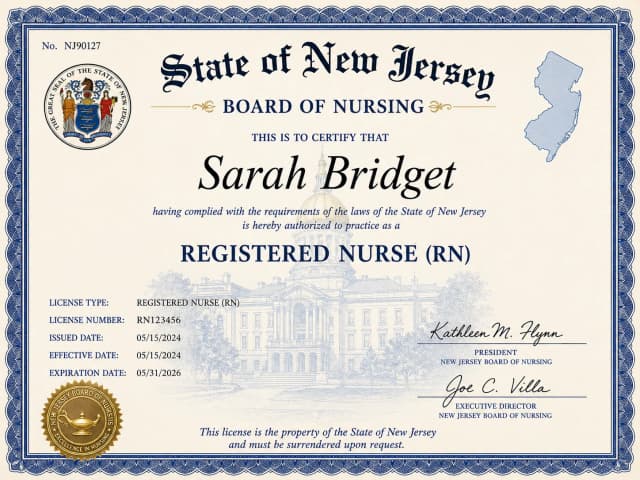New Jersey nursing license card example