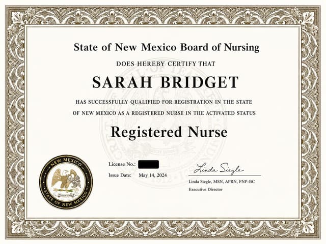 New Mexico nursing license card example