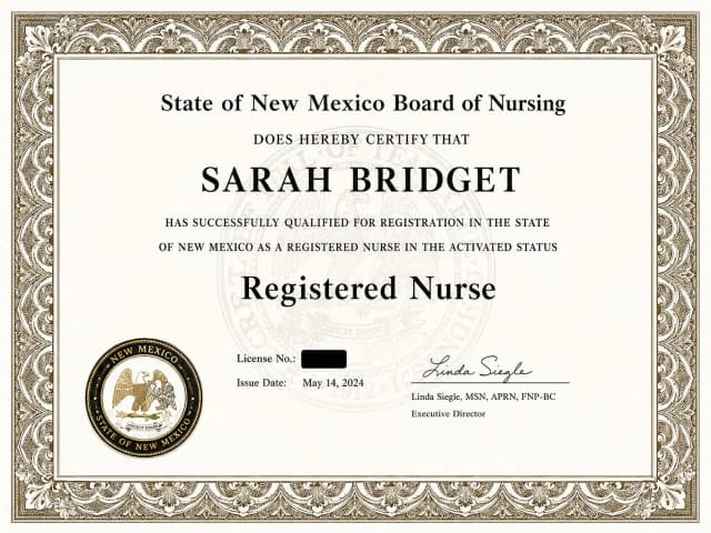 New Mexico nursing license card example