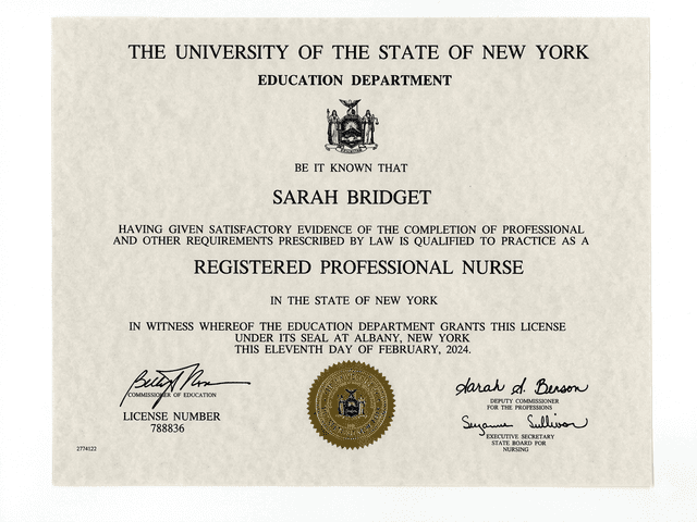 New York nursing license card example