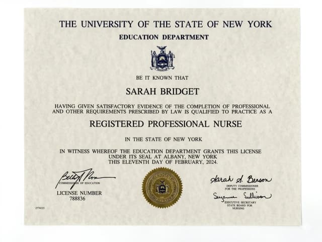 New York nursing license card example