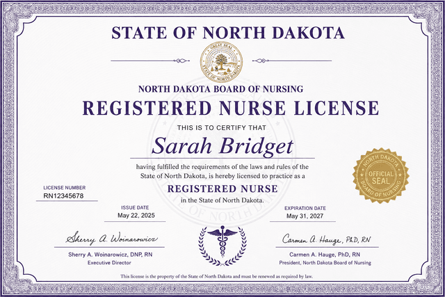 North Dakota nursing license card example