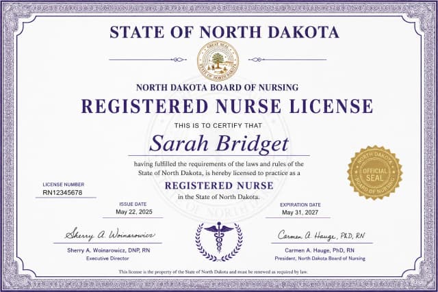 North Dakota nursing license card example