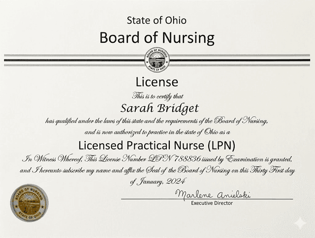 Ohio nursing license card example