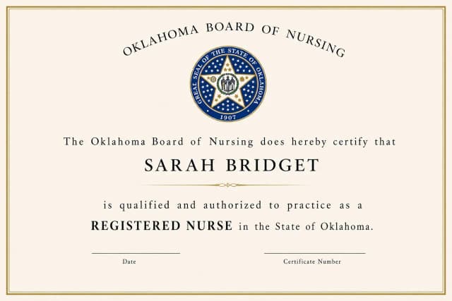 Oklahoma nursing license card example