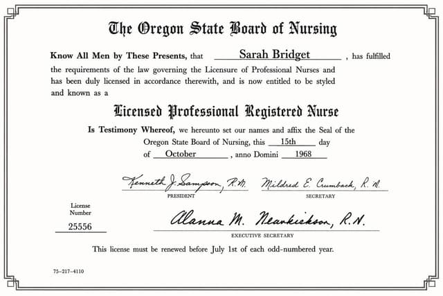 Oregon nursing license card example